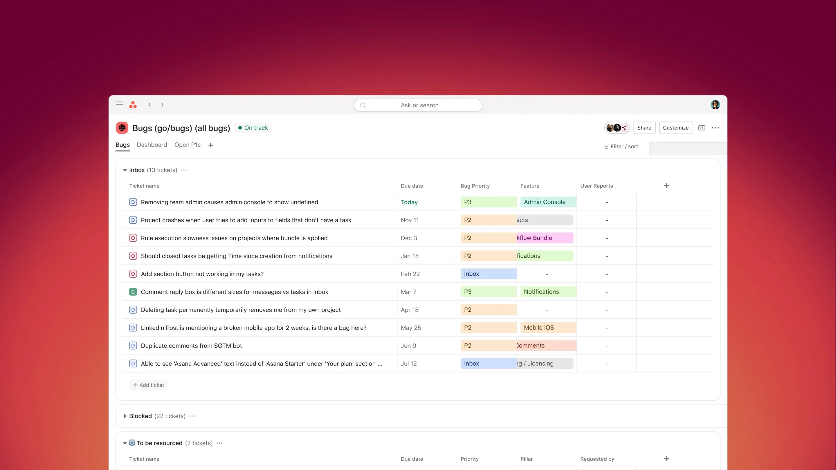 Asana bug tracking project in the Asana design system