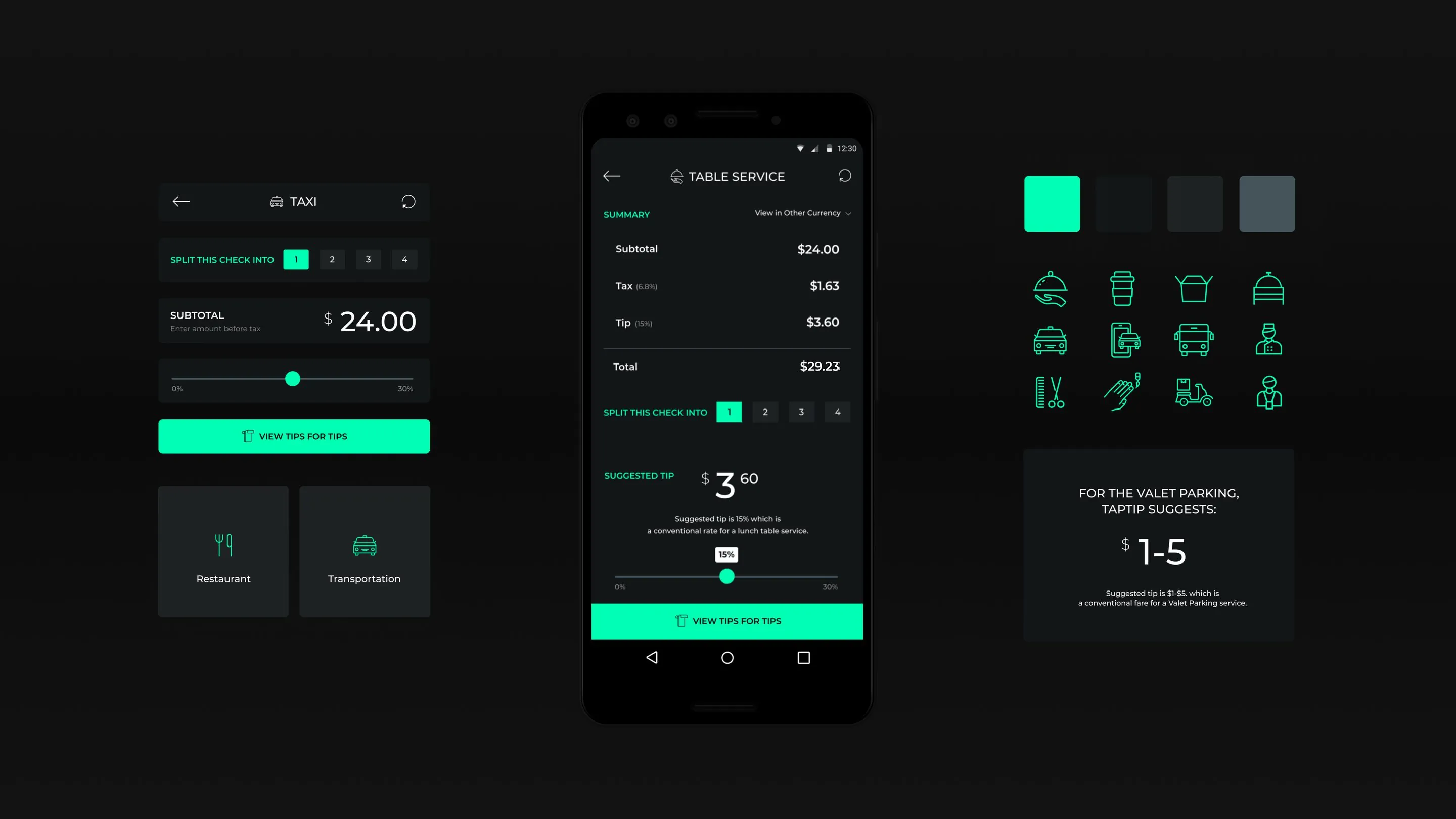 TapTip tip calculator app screens